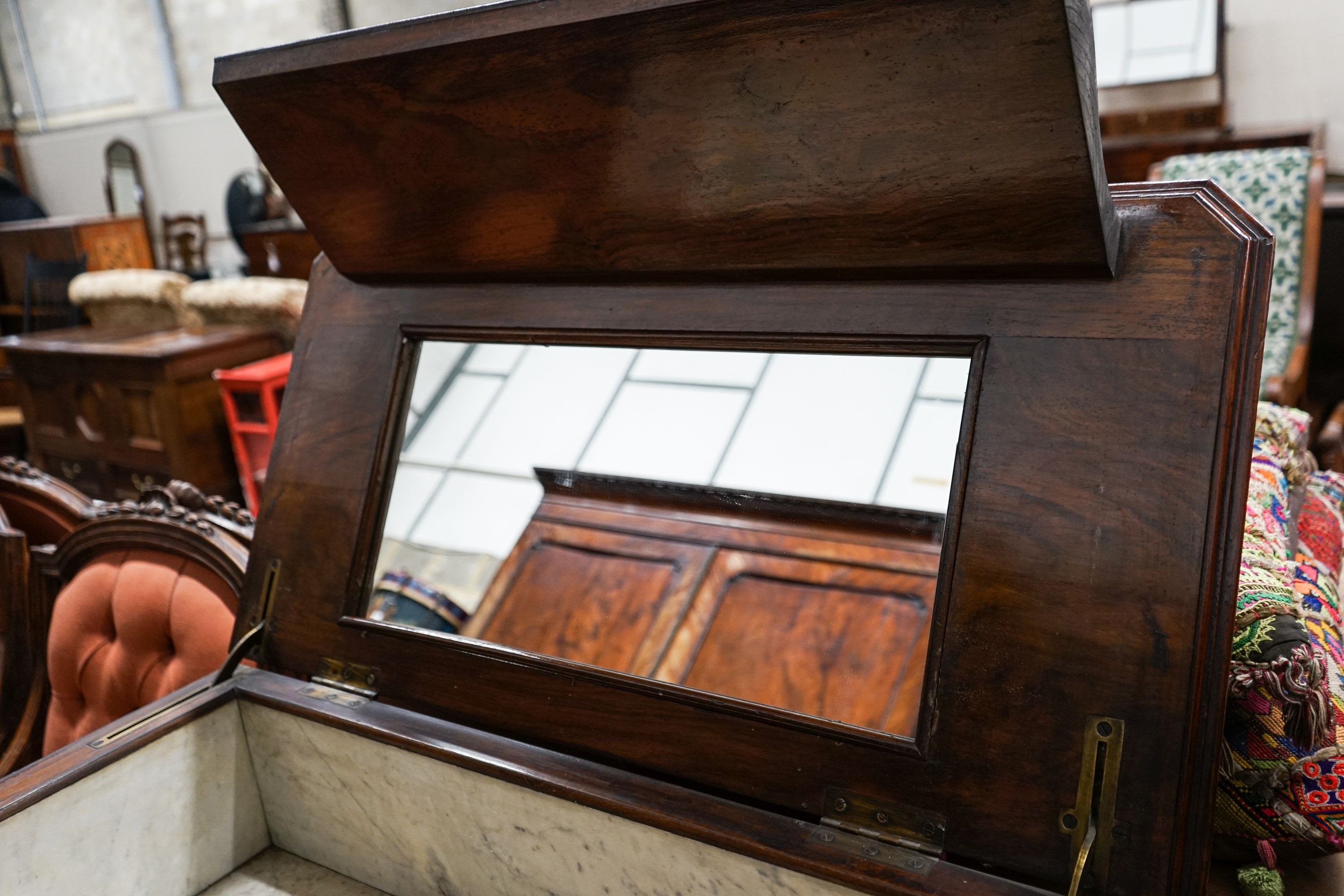 A 19th century French figured walnut washstand with marble lined interior, width 87cm, depth 50cm, height 99cm